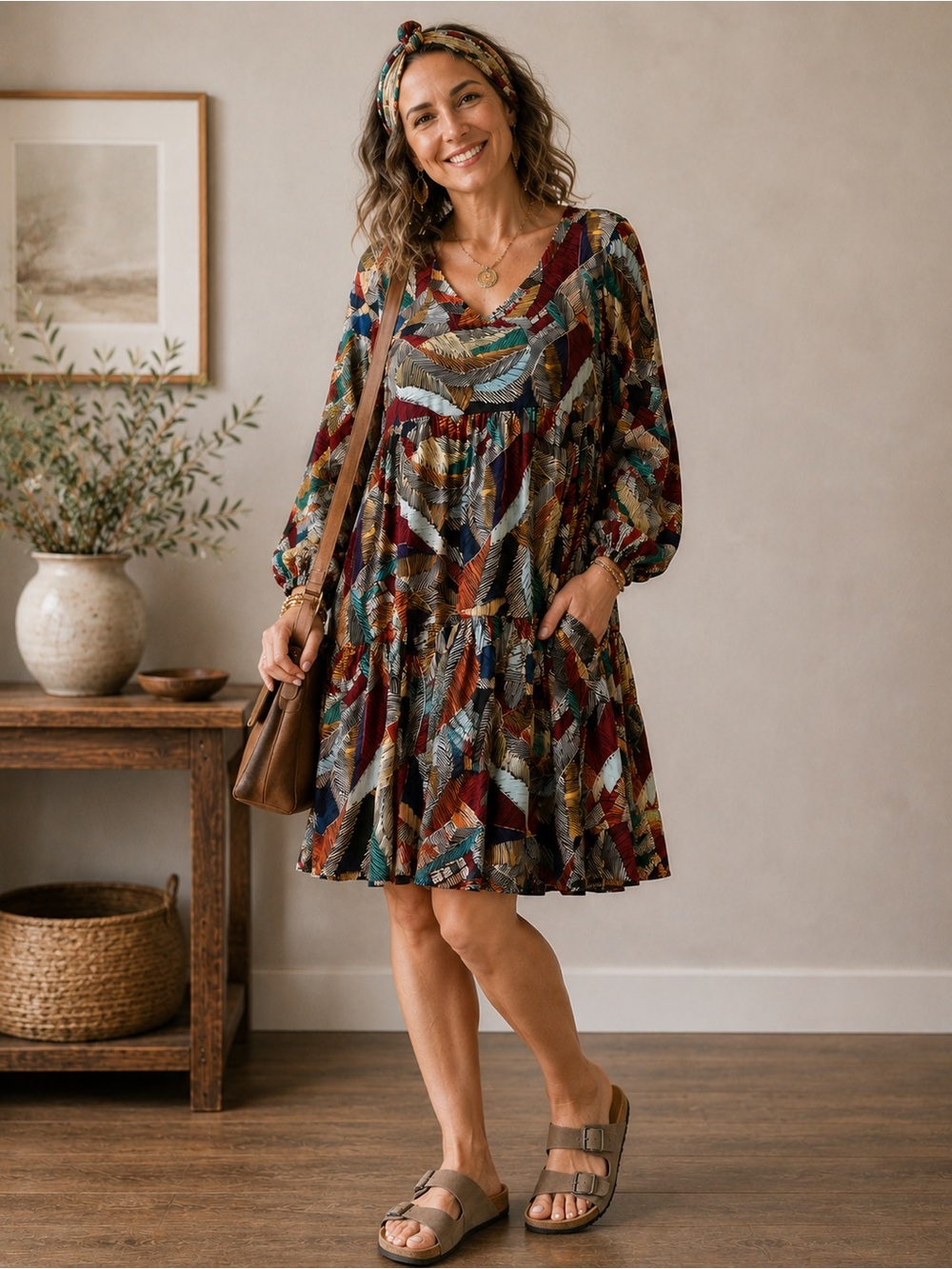 Uncle Frank Leaf It To Me Dress XL Artsy Boho Lagenlook Tiered Swing Art to Wear